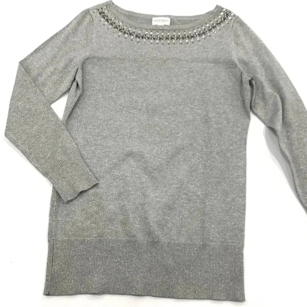 BISOU BISOU Silver Metallic Embellished Long Sleeve Sweater Size L.